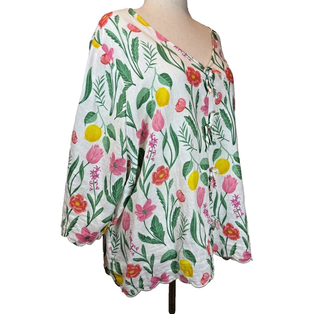 Rachel Zoe Linen Blend Lemon Floral Tunic Top 3X Tie Front Scallop Hem - Picture 2 of 12